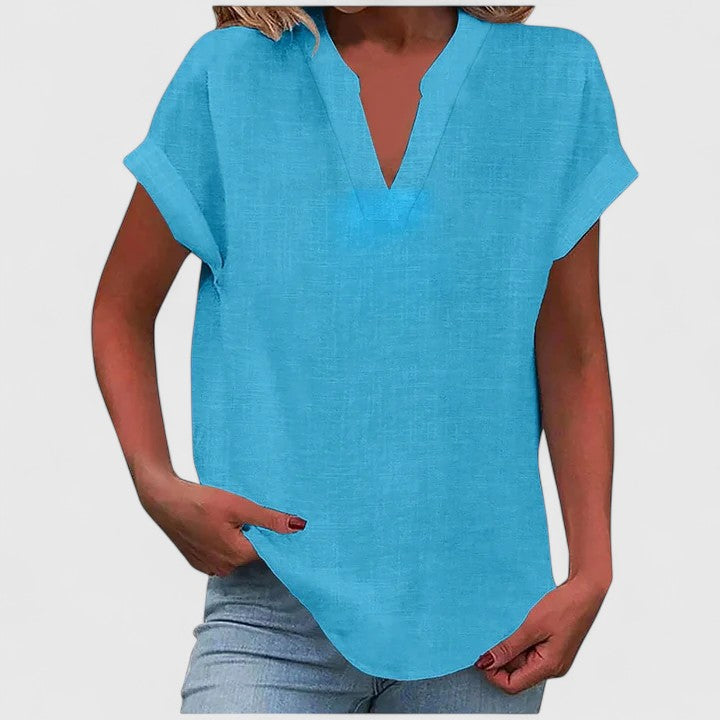 Women's relaxed linen-look V neck top in turquoise