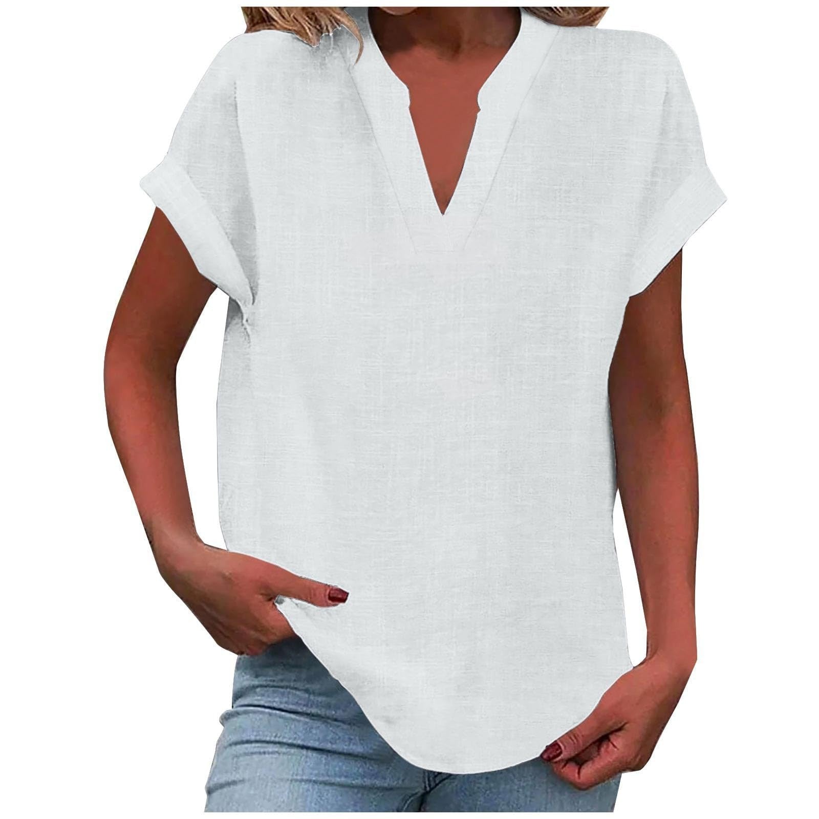 Women's linen-look V neck short sleeve top in white