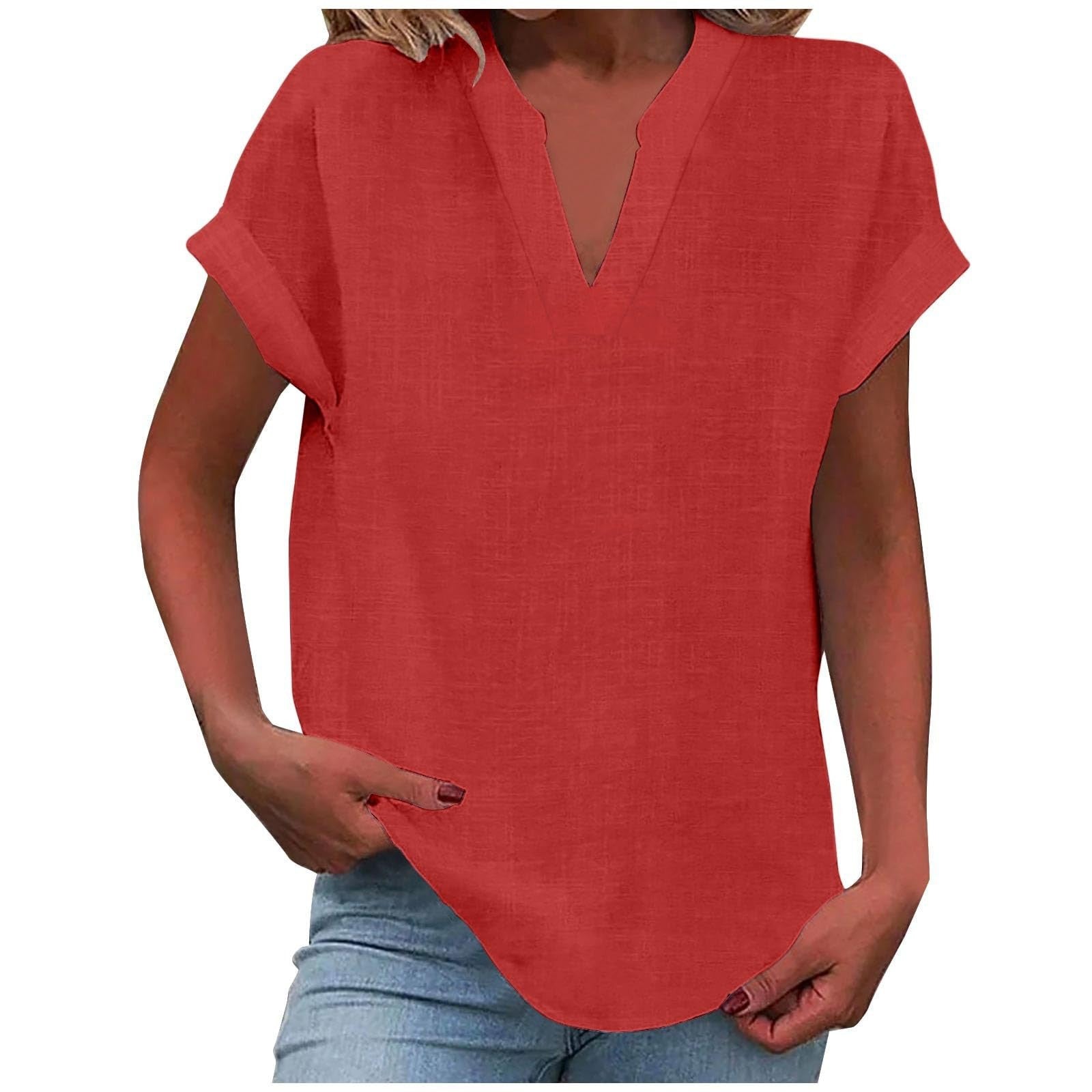 Women's linen-look V neck short sleeve top in red