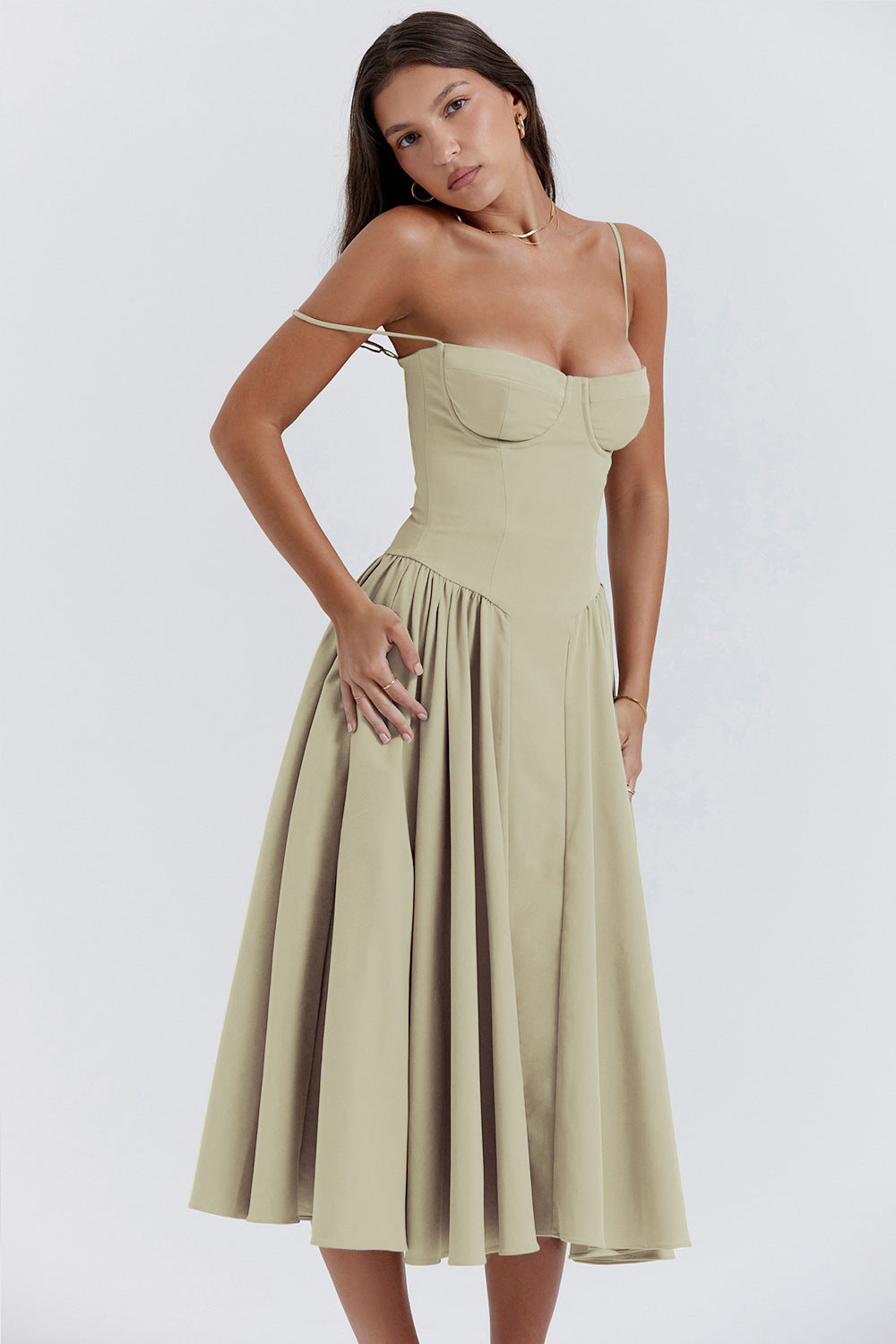 Women's Bustier Midi Dress with Flared Skirt