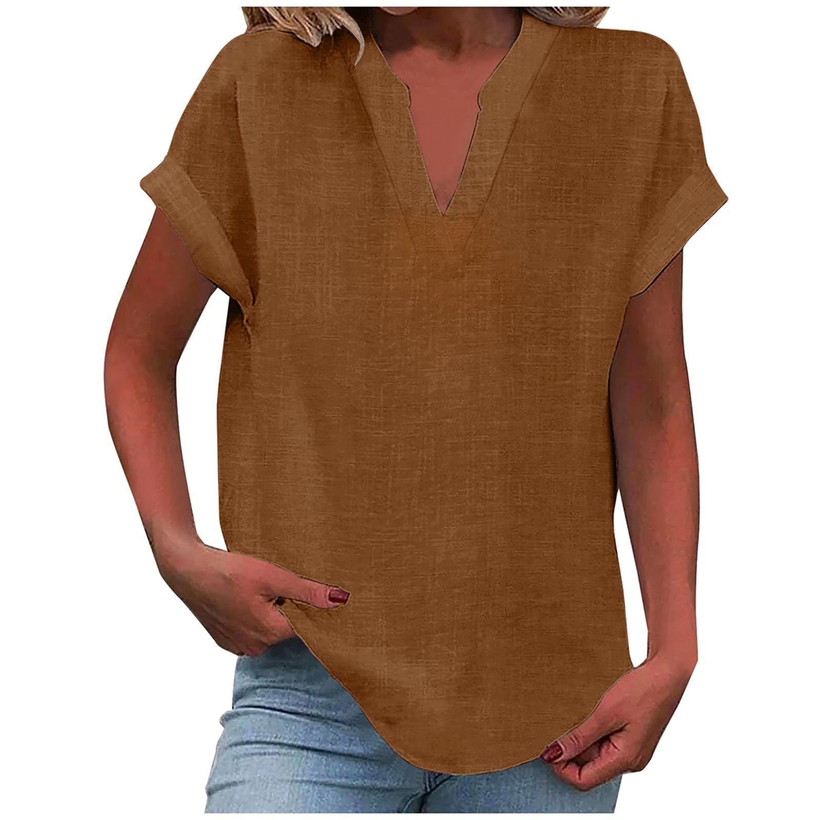 Women's linen-look V neck short sleeve top in brown