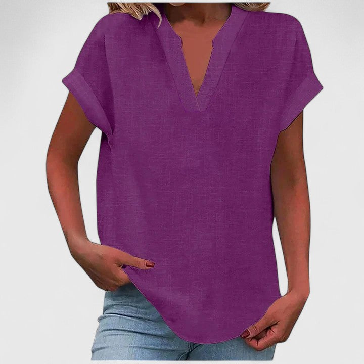 Women's relaxed linen-look V neck top in purple