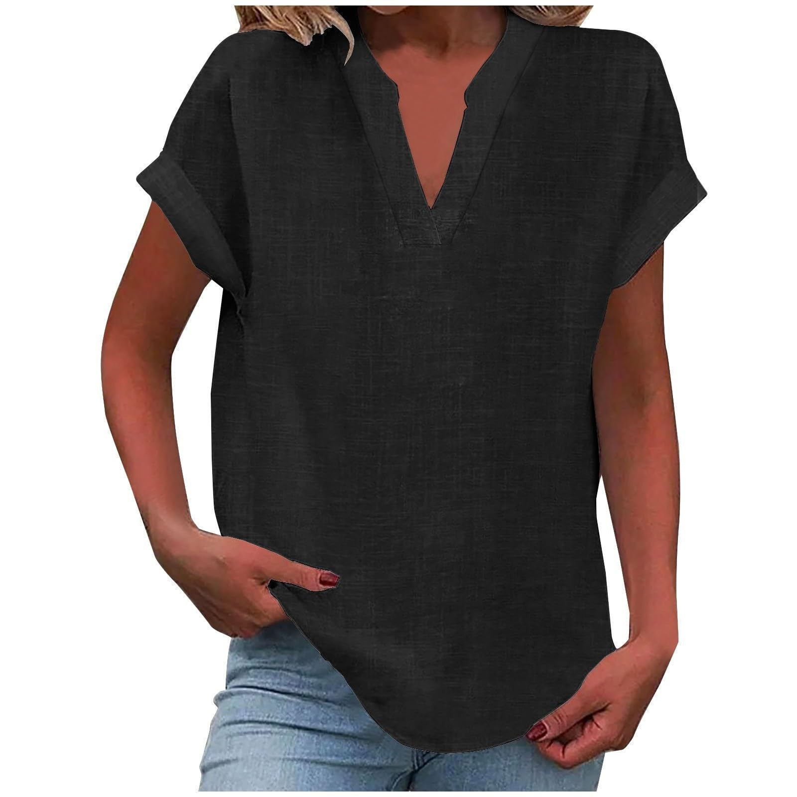 Women's linen-look V neck short sleeve top in black