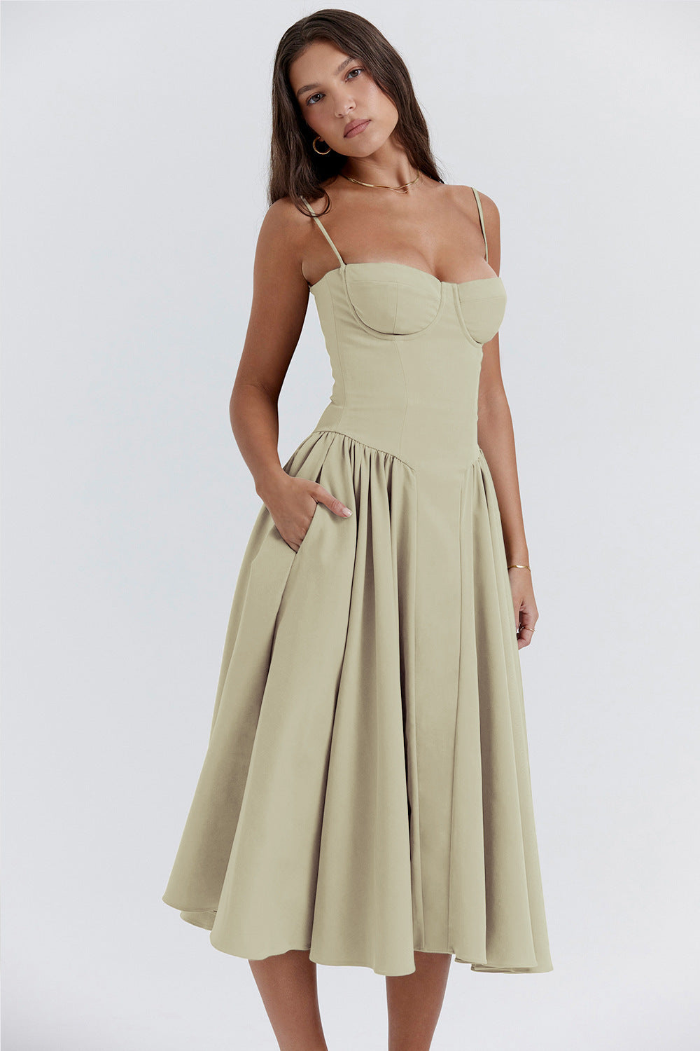 Women's Bustier Midi Dress with Flared Skirt