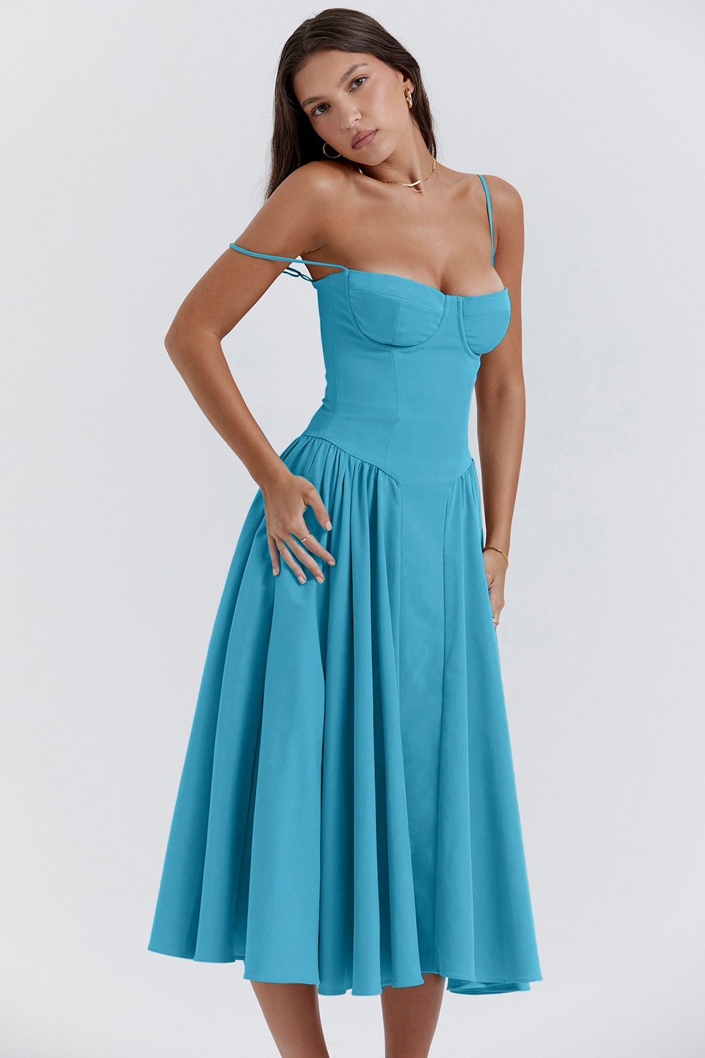 Women's Bustier Midi Dress with Flared Skirt