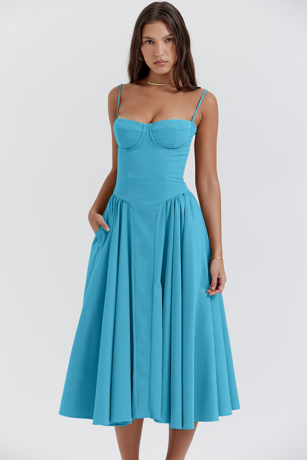 Women's Bustier Midi Dress with Flared Skirt