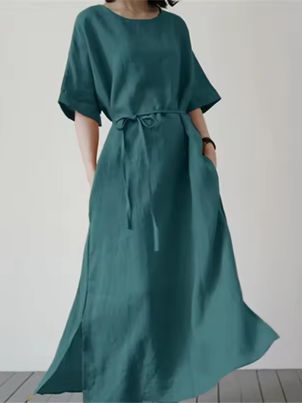Nell - Women's Loose Dress with Belt and Side Slit (Plus Size Available) - photo 6