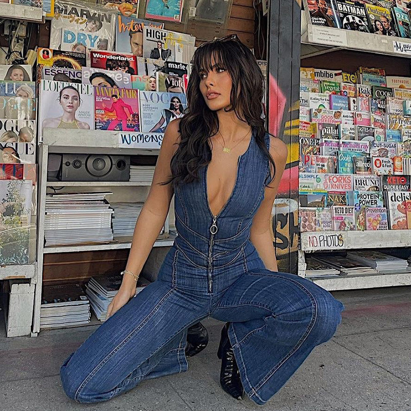 Amira - Women's Denim Jumpsuit with Heart Cutout