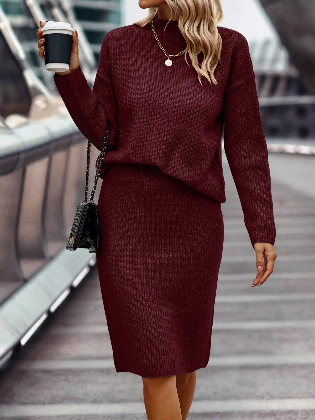Hedwig - Women's Knit Midi Skirt with Stand Collar – Dark Red