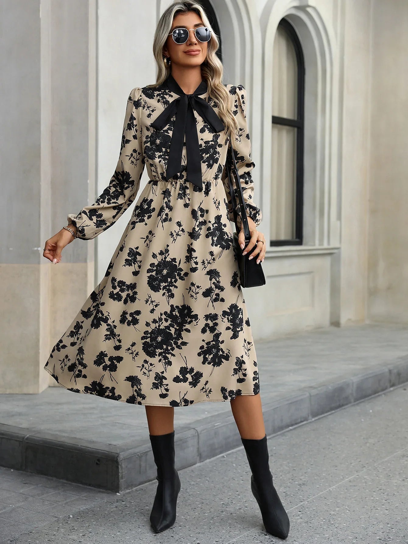 Lorraine - Women's Bow-Tie Floral Print Dress Elegant and Timeless