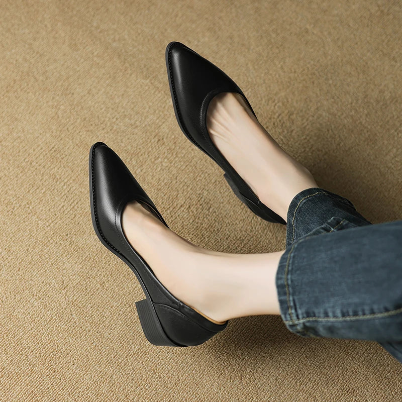Zapatos de salón sin cordones para mujer, de punta fina y tacón medio ancho