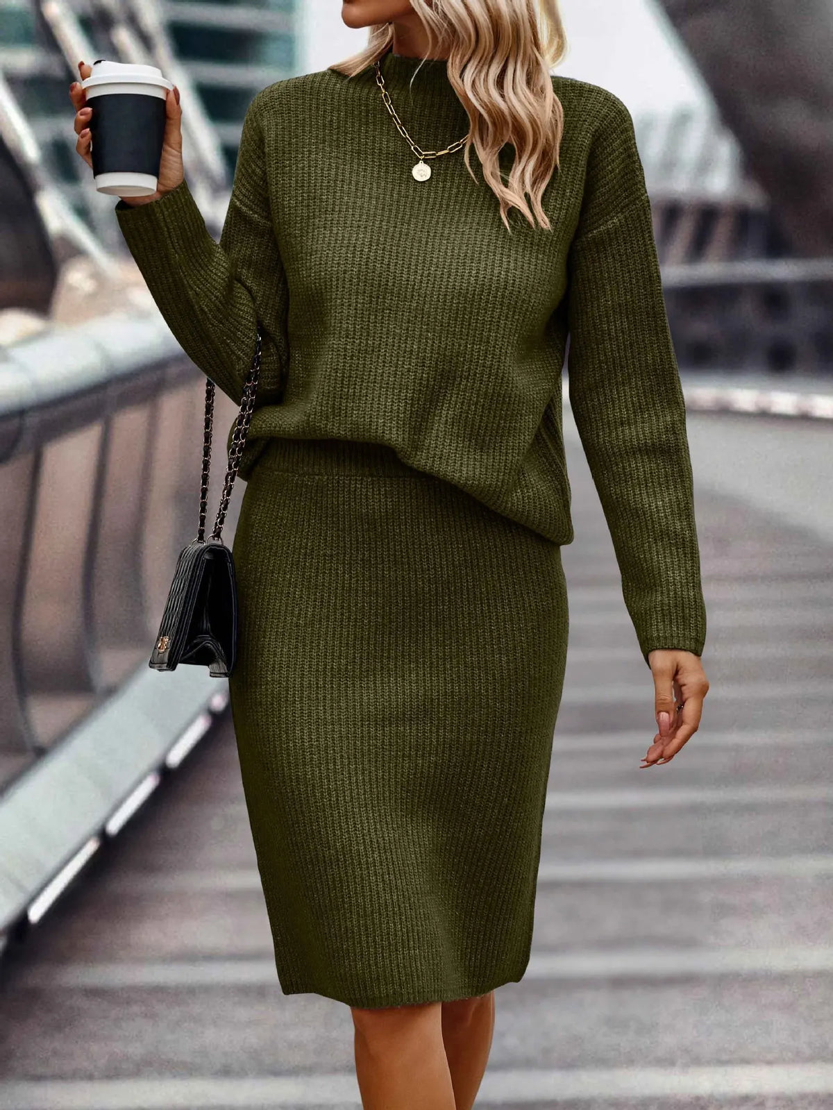 Hedwig - Women's Knit Midi Skirt with Stand Collar – Green