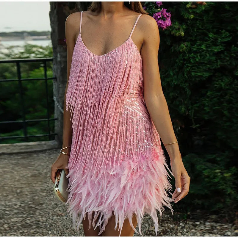 Aria - Women's Sequin Feather Mini Dress