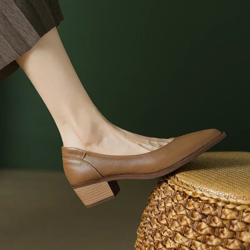 Zapatos de salón sin cordones para mujer, de punta fina y tacón medio ancho