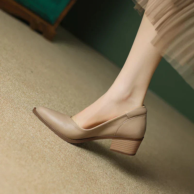 Zapatos de salón sin cordones para mujer, de punta fina y tacón medio ancho
