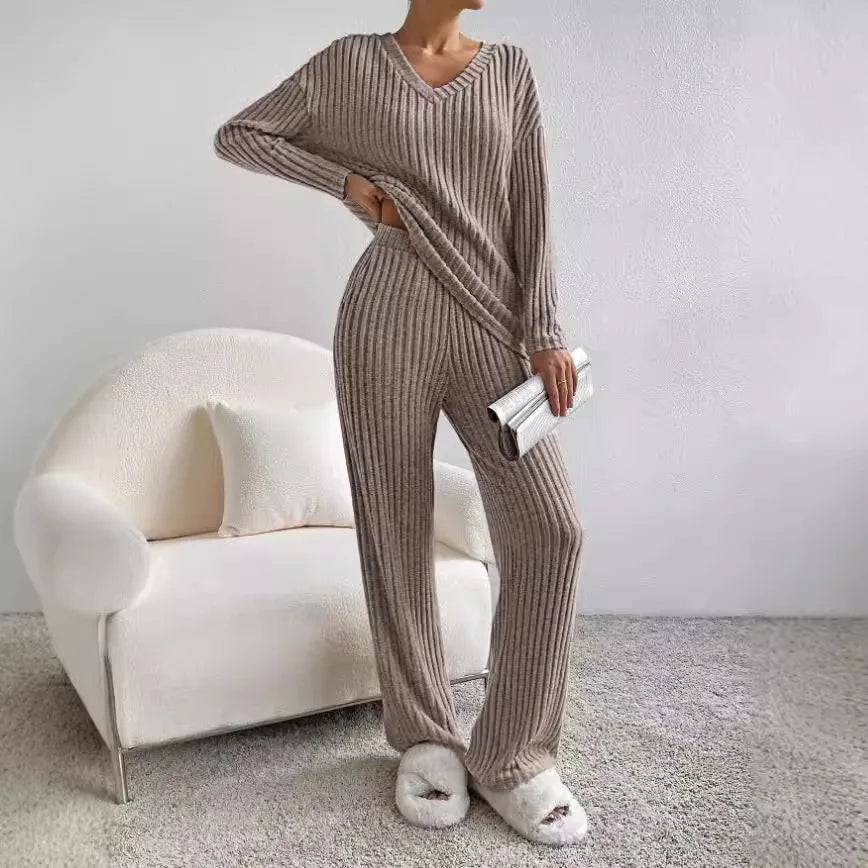 Stella - Women's V-Neck Ribbed Knit Lounge Set