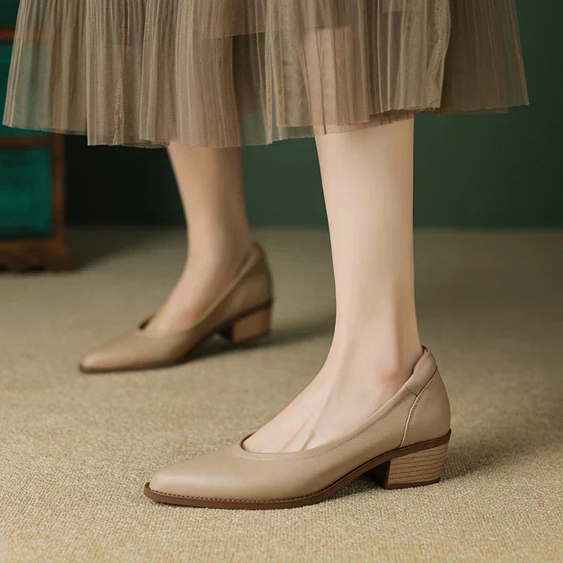 Zapatos de salón sin cordones para mujer, de punta fina y tacón medio ancho