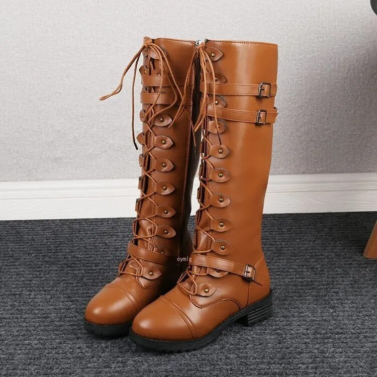 Women's Vegan Leather Lace-Up Boots with Buckles