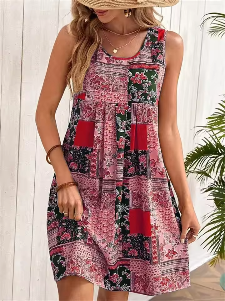 Jacinta - Women's Retro Floral Patchwork Sleeveless Mini Dress