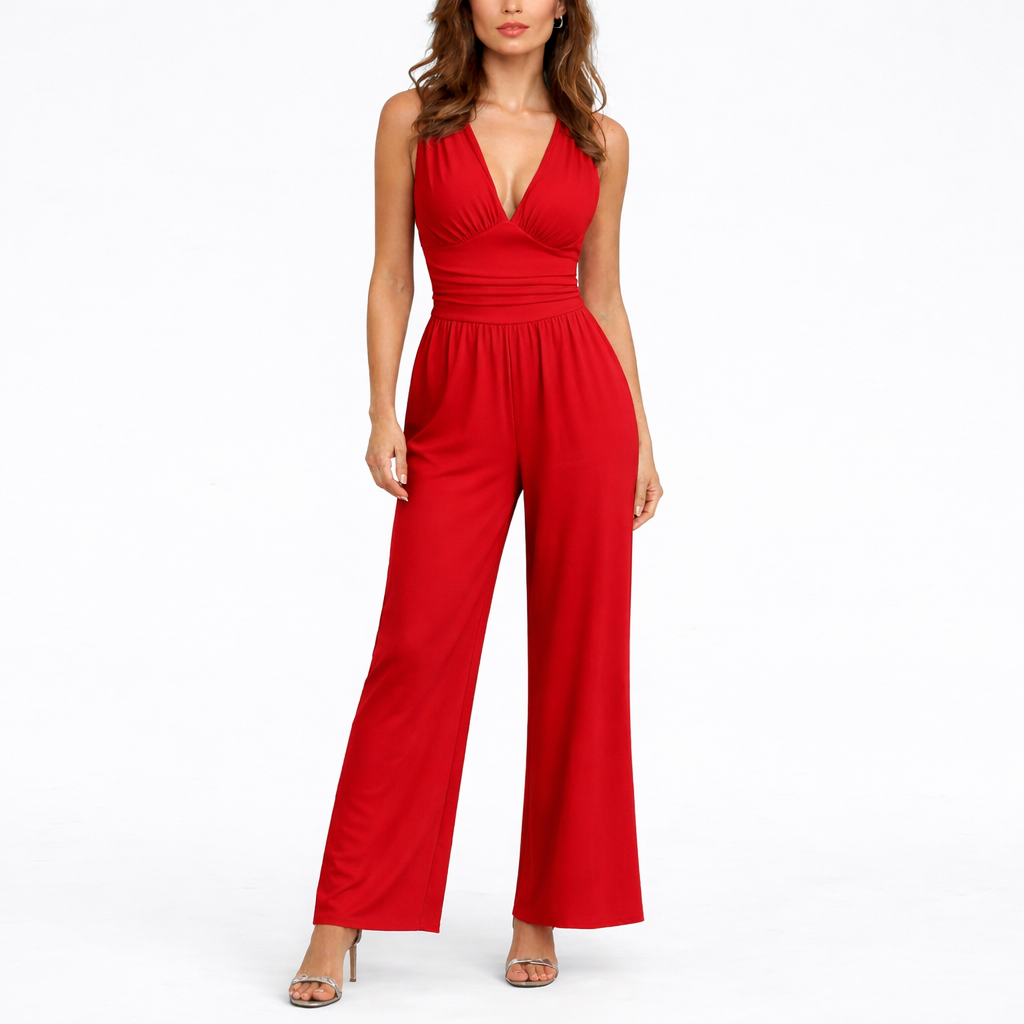 Women's Sleeveless Jumpsuit Wide Leg V-Neck – Red