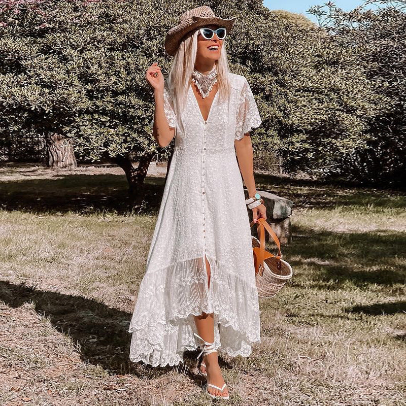 Ashlyn - Women's Lace Maxi Dress with Deep V-Neck and Button-Down Front - photo 1