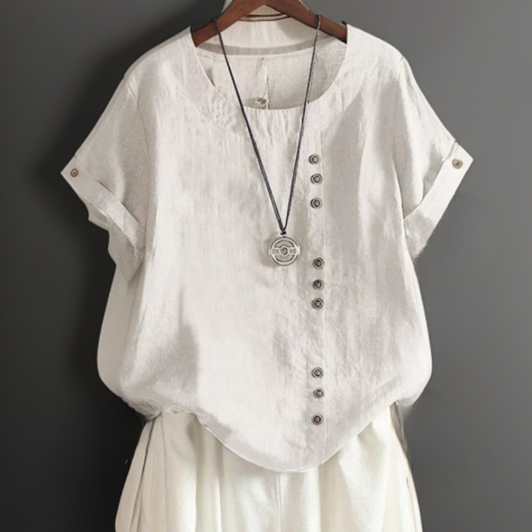Mila - Women's Round Neck T-Shirt with Decorative Buttons | Plus Size Available