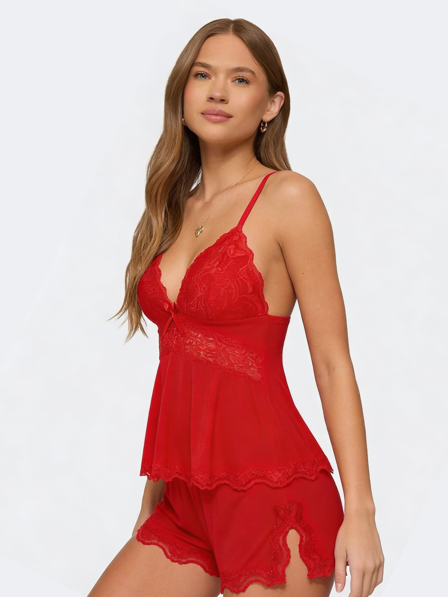 Pijama de mujer de dos piezas: top de tirantes con encaje y short