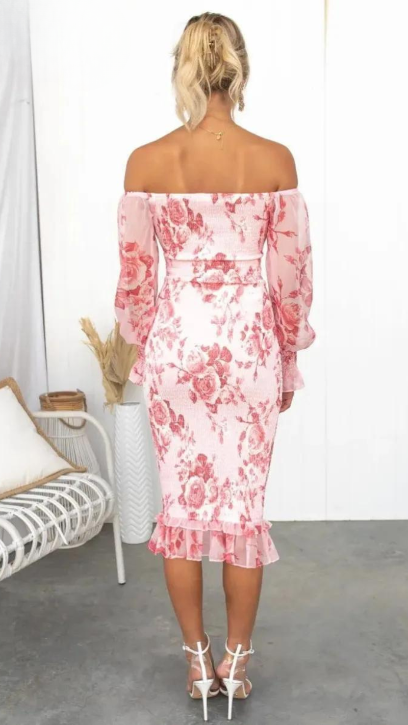 Camilla - Women's Off-the-Shoulder Floral Midi Dress