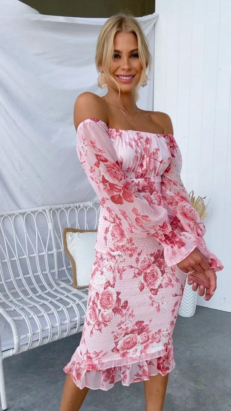 Camilla - Women's Off-the-Shoulder Floral Midi Dress