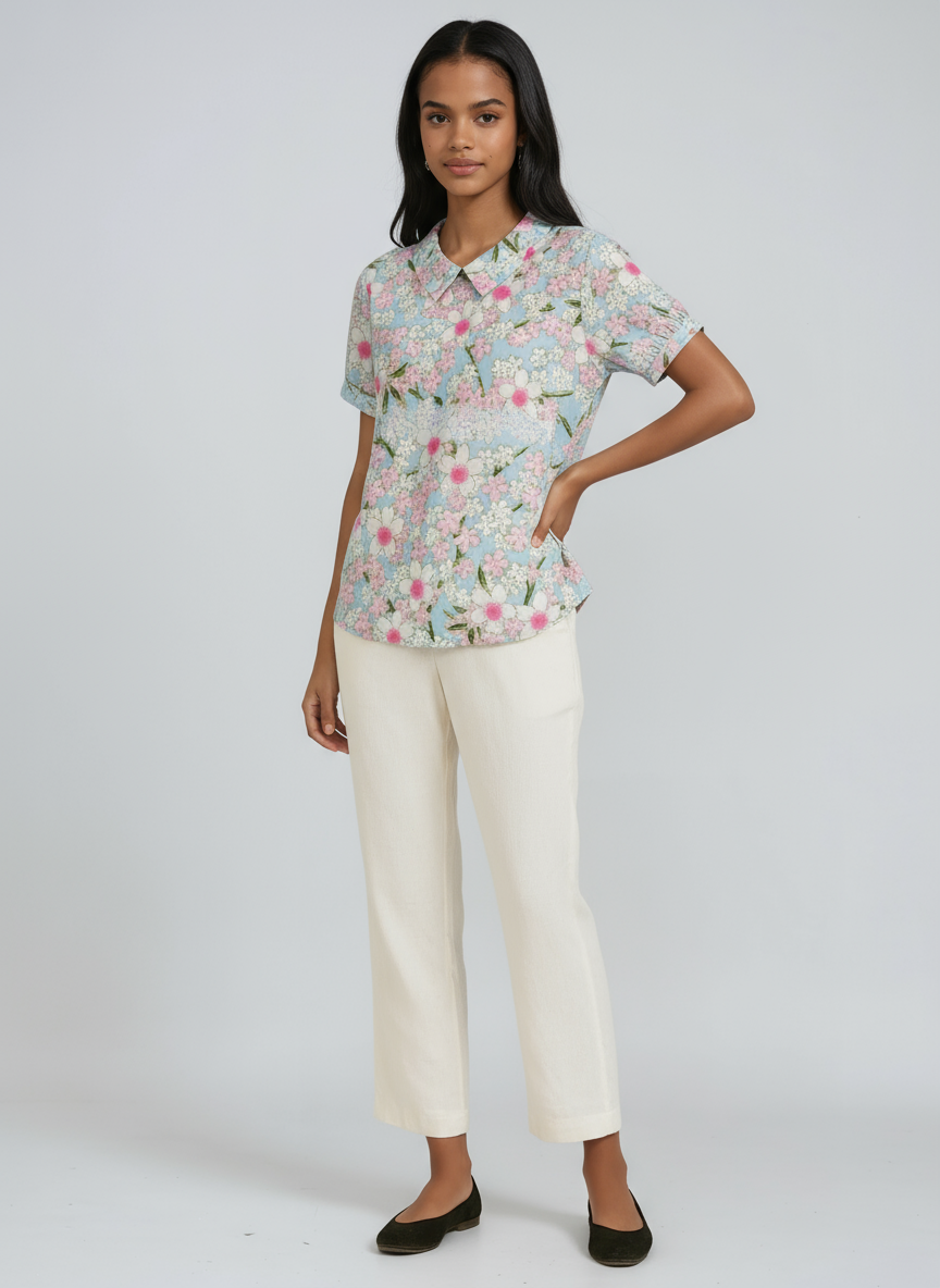 Blusa de lino para mujer con bordado floral y cuello Peter Pan