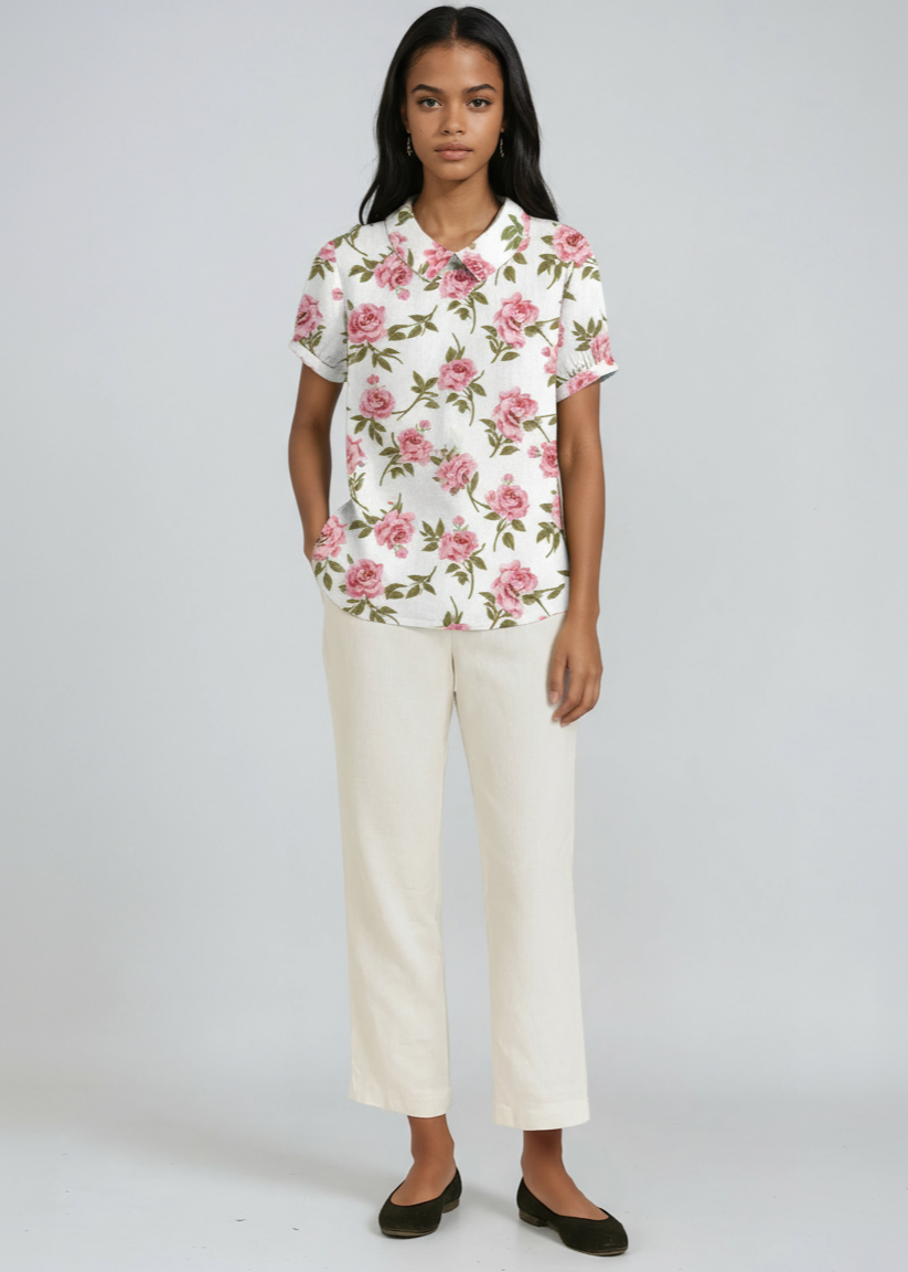 Blusa de lino para mujer con bordado floral y cuello Peter Pan