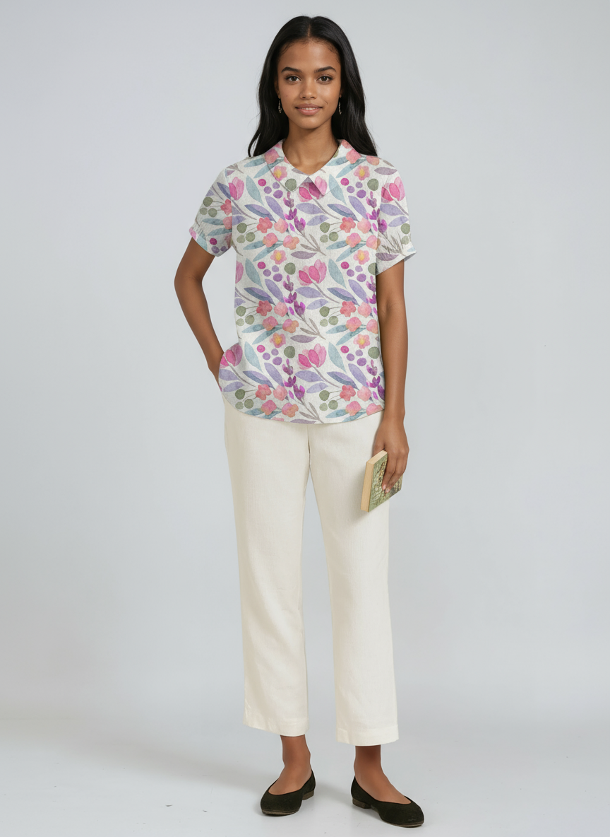 Blusa de lino para mujer con bordado floral y cuello Peter Pan