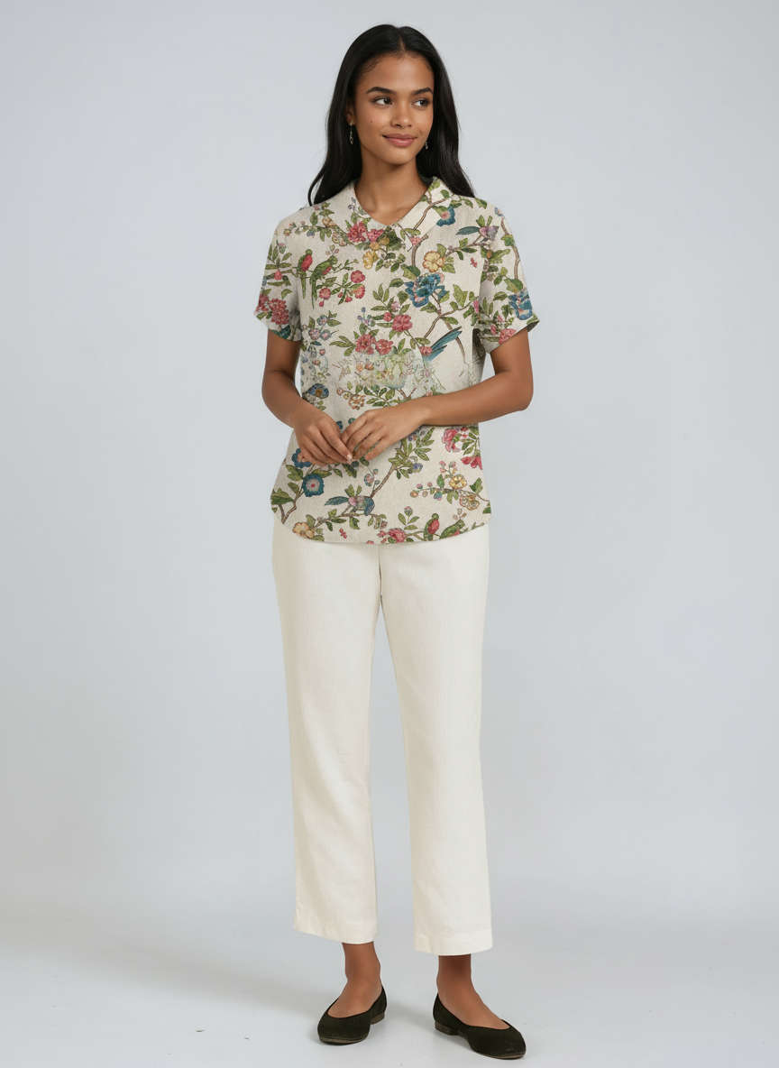 Blusa de lino para mujer con bordado floral y cuello Peter Pan