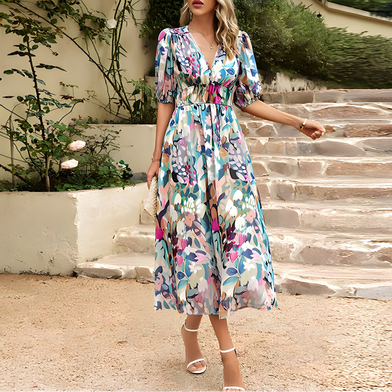 Sadie - Women's Midi Dress with V-Neck
