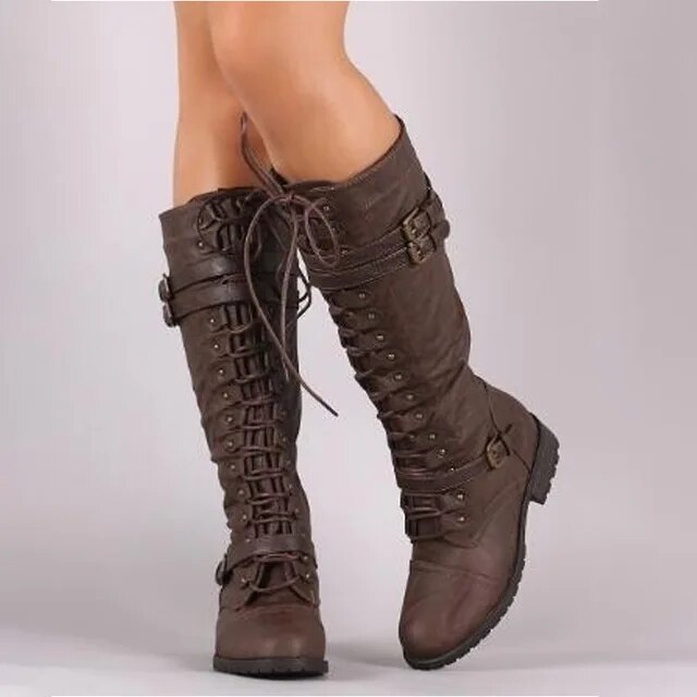 Women's Vegan Leather Lace-Up Boots with Buckles