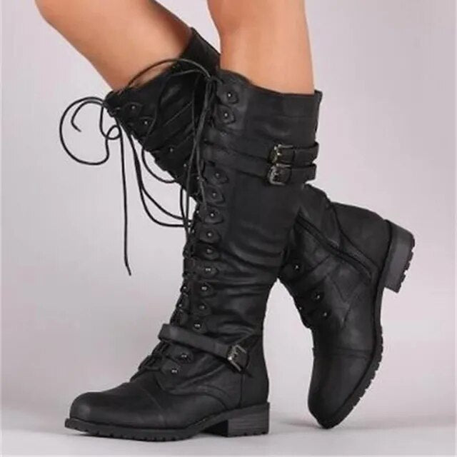 Women's Vegan Leather Lace-Up Boots with Buckles