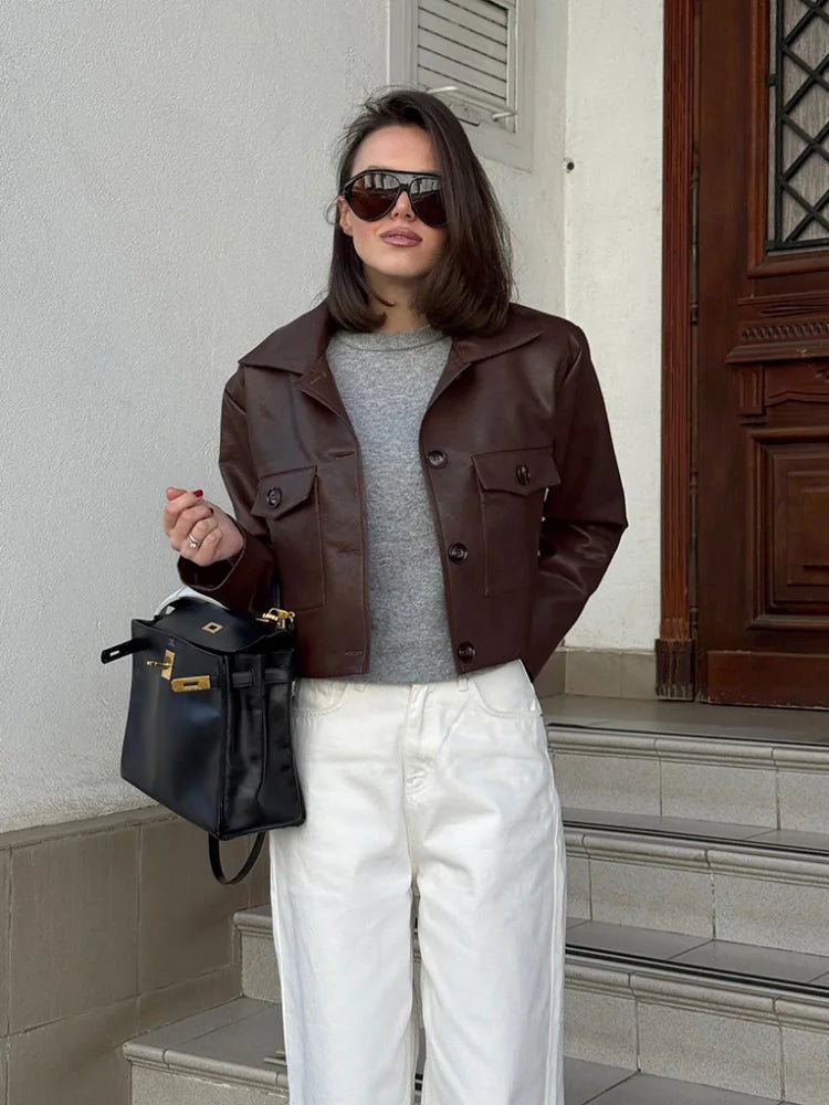 Adele - Women's Cropped Biker Jacket with Collar - photo 1
