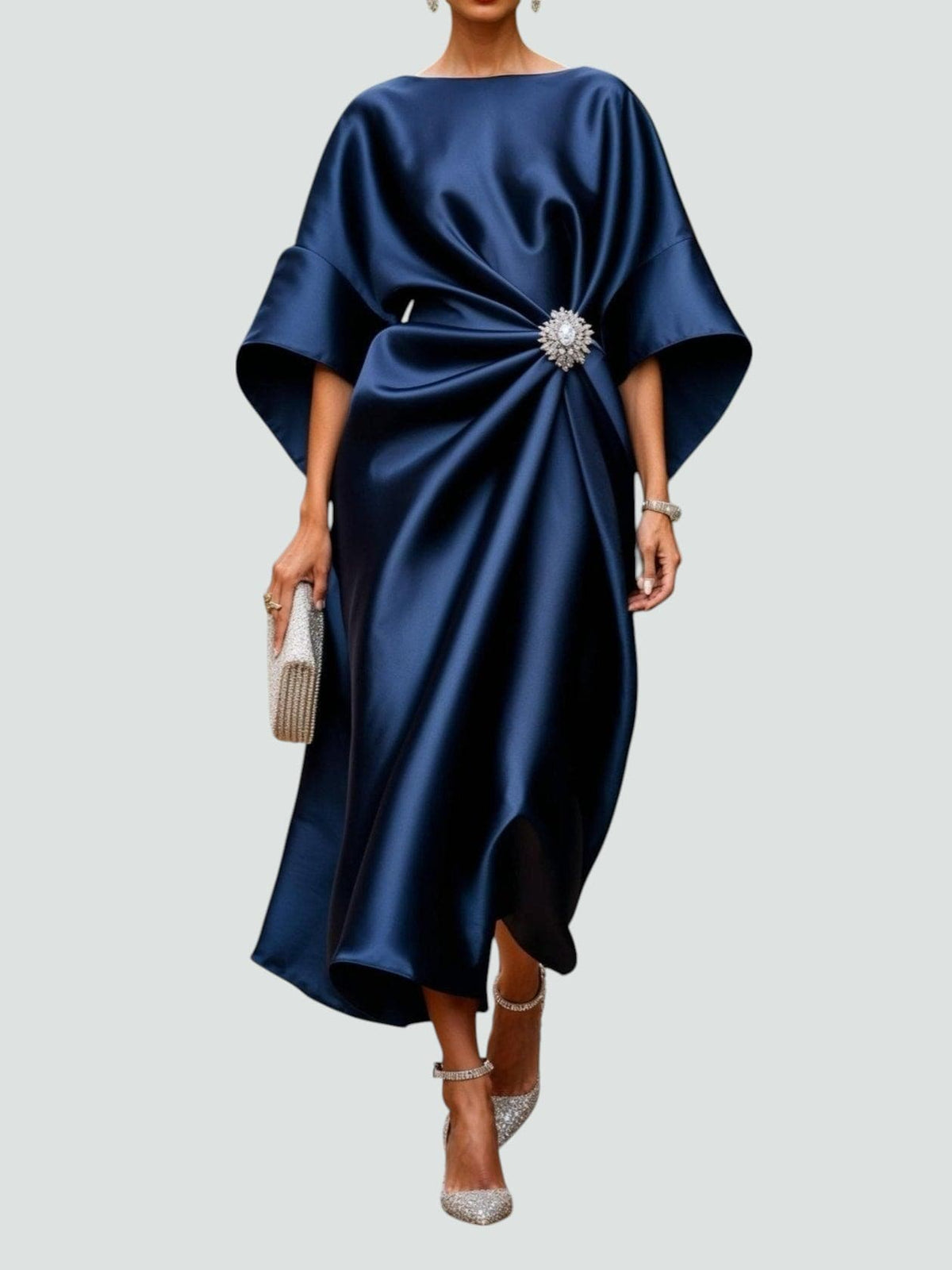 Dana - Women's Draped Midi Dress with Short Sleeves