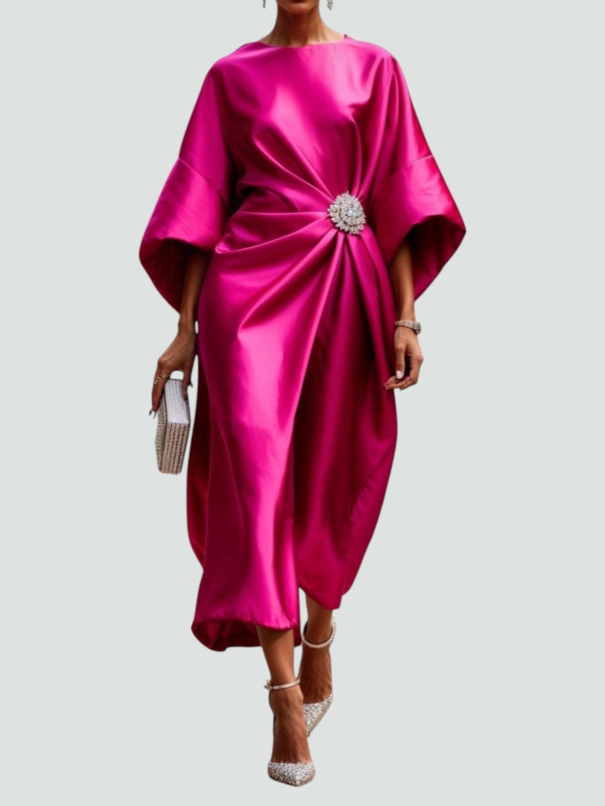Dana - Women's Draped Midi Dress with Short Sleeves