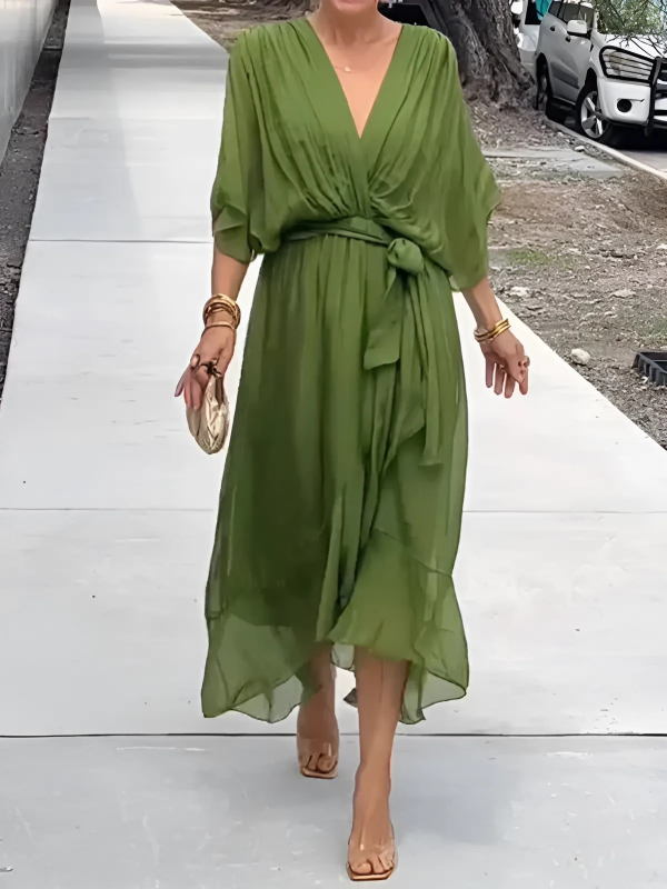 Dawn - Women's Flowing Midi Dress with a V Neck