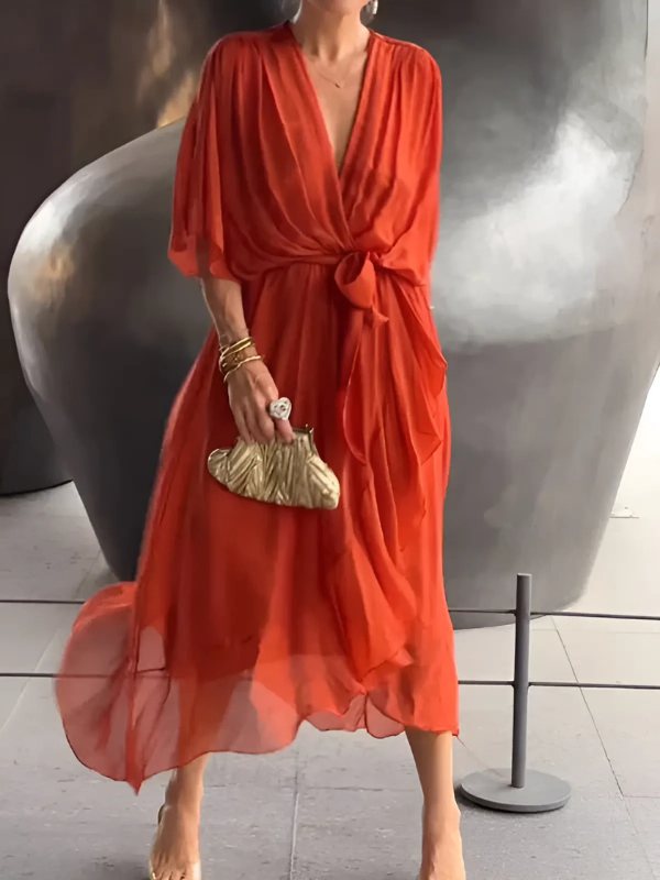 Dawn - Women's Flowing Midi Dress with a V Neck