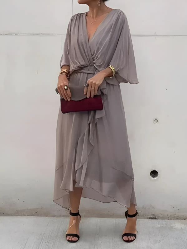 Dawn - Women's Flowing Midi Dress with a V Neck