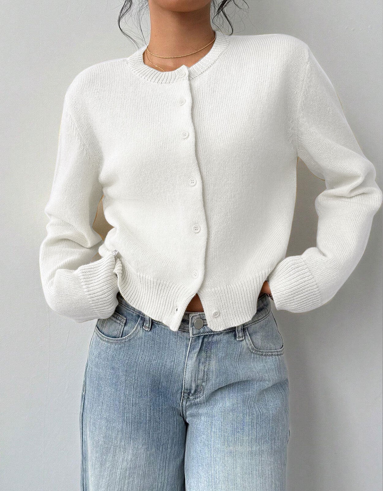 Allison - Women's Cropped Cardigan in Ribbed Knit with Button Front - photo 1