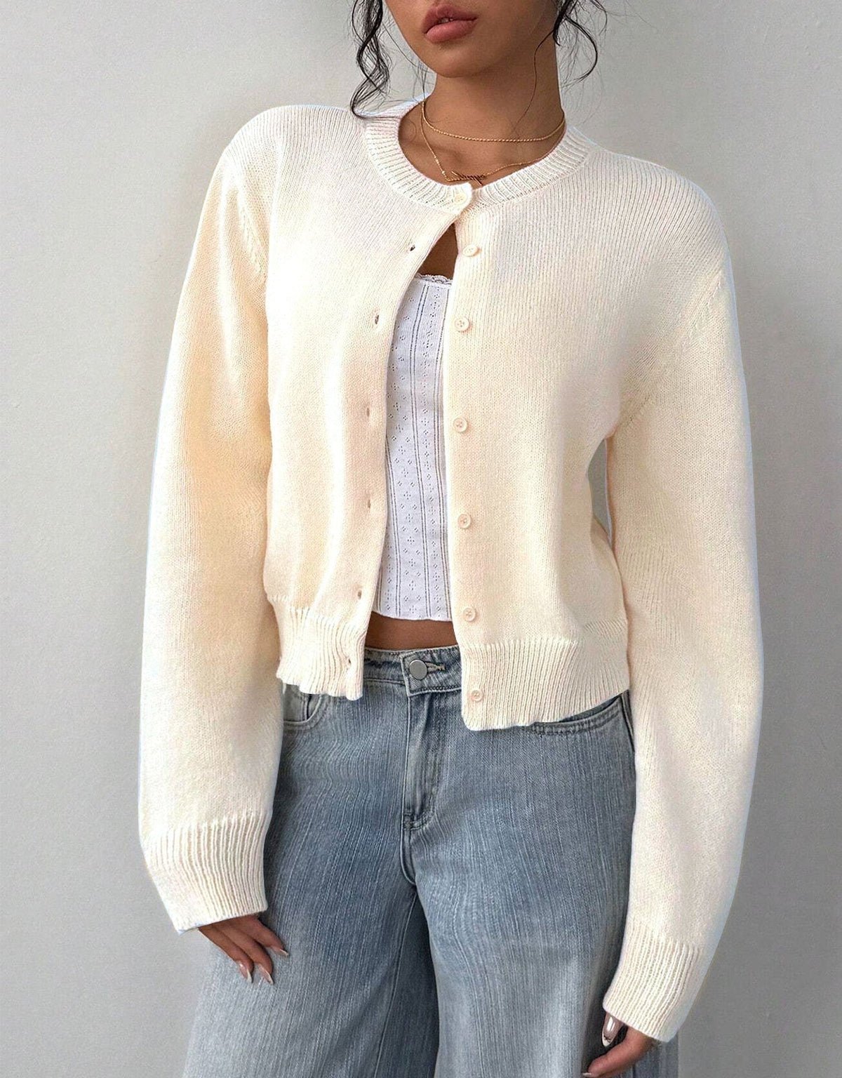 Allison - Women's Cropped Cardigan in Ribbed Knit with Button Front - photo 2