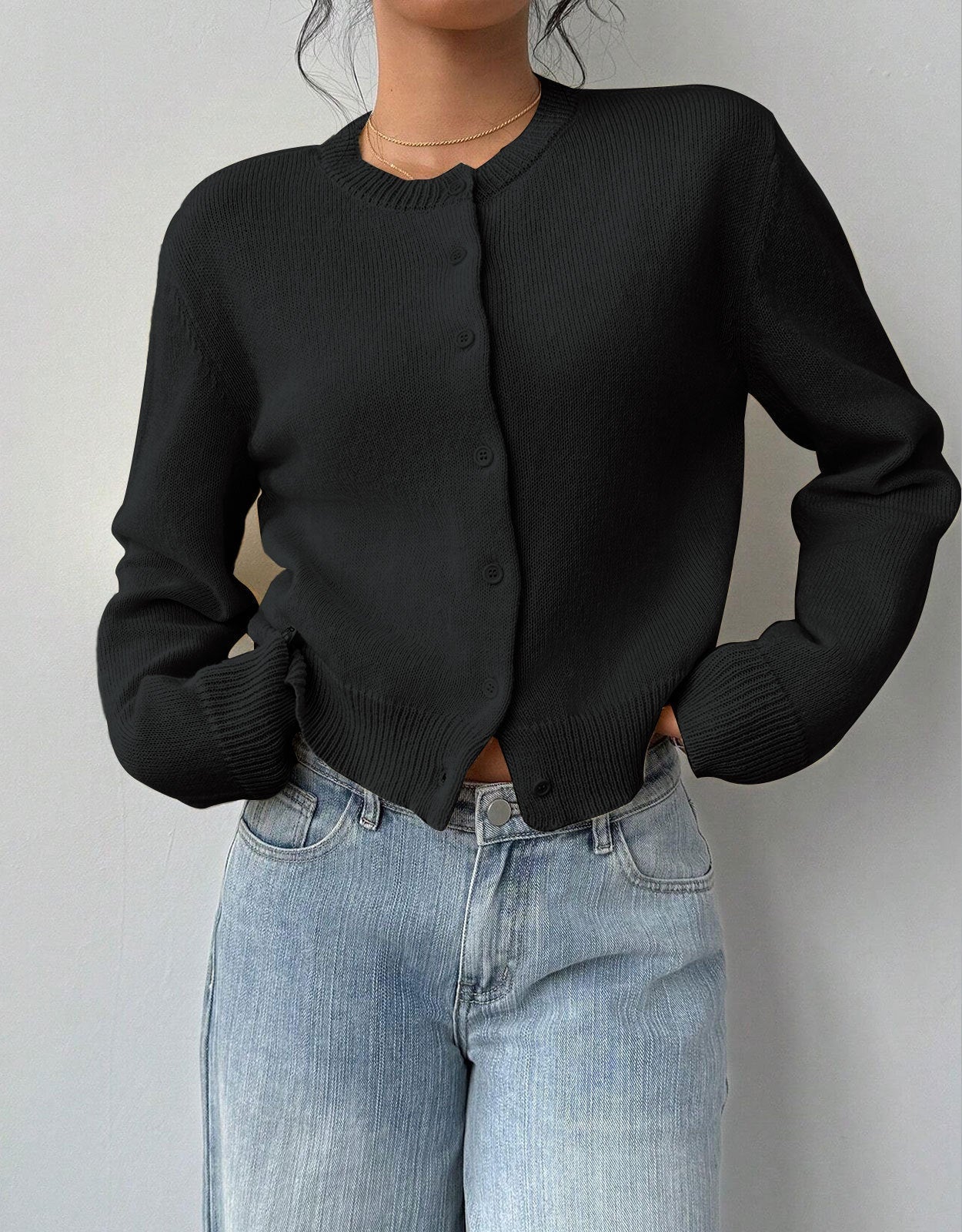 Allison - Women's Cropped Cardigan in Ribbed Knit with Button Front - photo 3