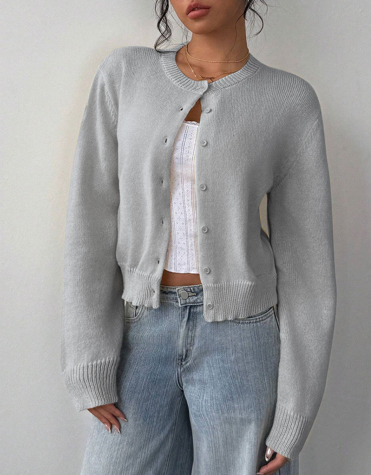 Allison - Women's Cropped Cardigan in Ribbed Knit with Button Front - photo 4