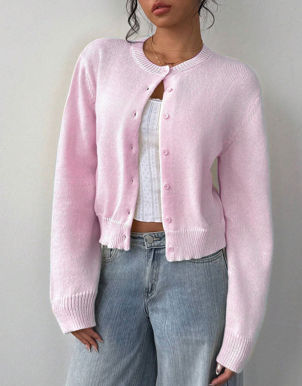 Allison - Women's Cropped Cardigan in Ribbed Knit with Button Front - photo 6