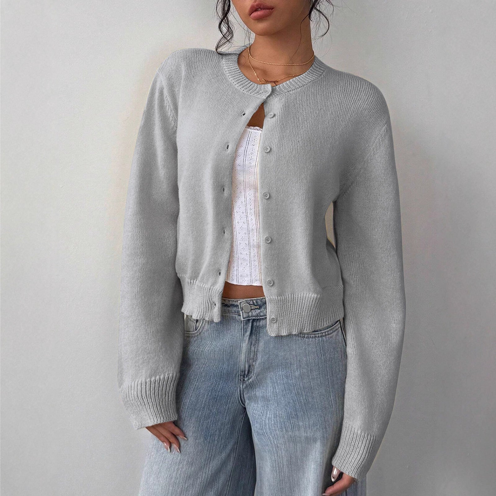 Allison - Women's Cropped Cardigan in Ribbed Knit with Button Front - photo 7