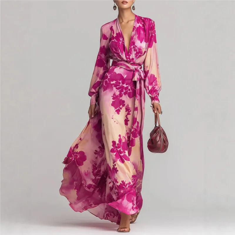 Adele - Women's Belted Maxi Dress with a Deep Neckline