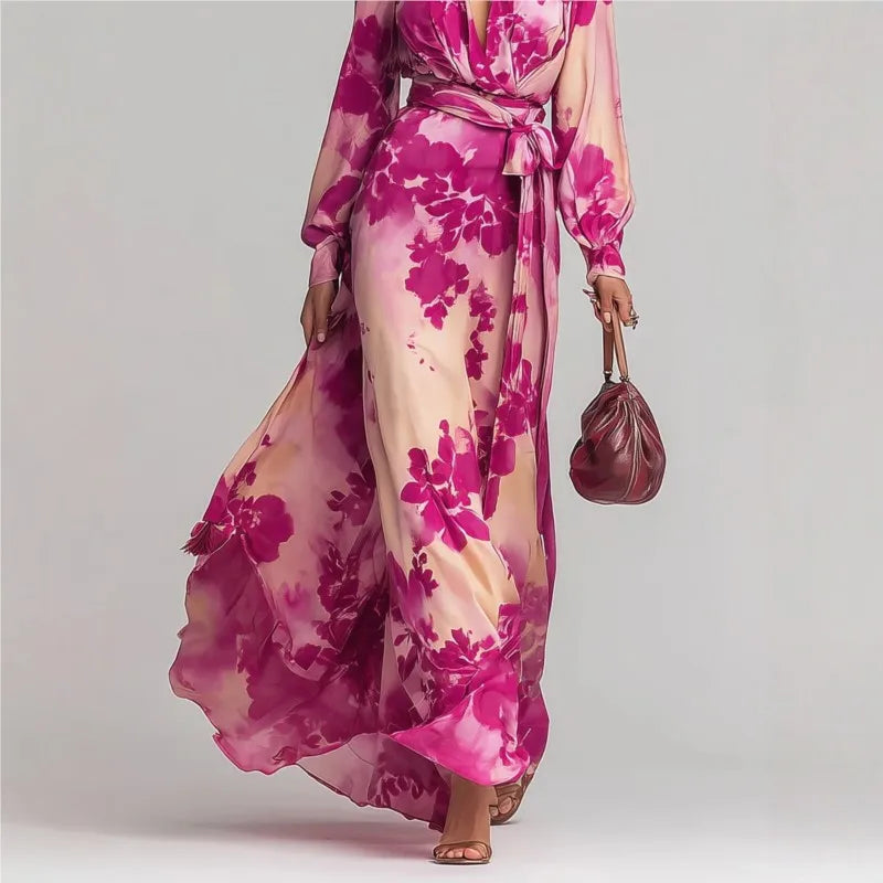 Adele - Women's Belted Maxi Dress with a Deep Neckline